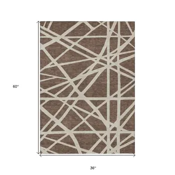 3' X 5' Brown And Beige Geometric Washable Indoor Outdoor Area Rug