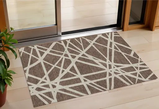 3' X 5' Brown And Beige Geometric Washable Indoor Outdoor Area Rug