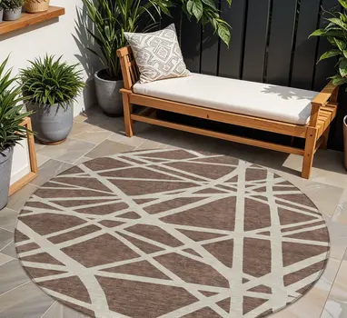 8' Brown And Beige Round Geometric Washable Indoor Outdoor Area Rug