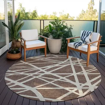 8' Brown And Beige Round Geometric Washable Indoor Outdoor Area Rug