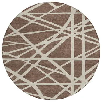 8' Brown And Beige Round Geometric Washable Indoor Outdoor Area Rug