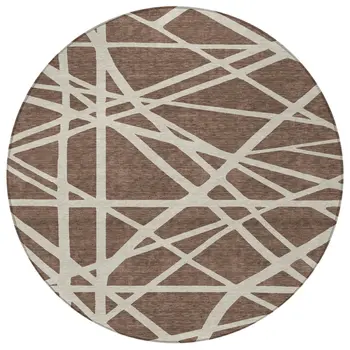 8' Brown And Beige Round Geometric Washable Indoor Outdoor Area Rug