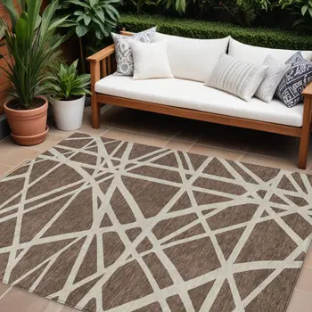 10' X 14' Brown And Beige Geometric Washable Indoor Outdoor Area Rug