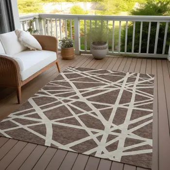 10' X 14' Brown And Beige Geometric Washable Indoor Outdoor Area Rug