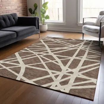 10' X 14' Brown And Beige Geometric Washable Indoor Outdoor Area Rug