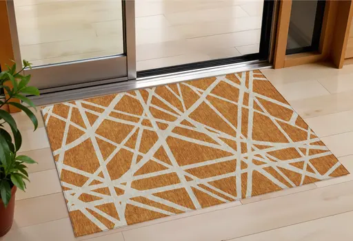 3' X 5' Copper And Beige Geometric Washable Indoor Outdoor Area Rug