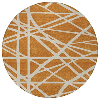 8' Copper And Beige Round Geometric Washable Indoor Outdoor Area Rug