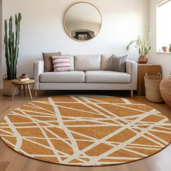 8' Copper And Beige Round Geometric Washable Indoor Outdoor Area Rug