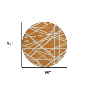 8' Copper And Beige Round Geometric Washable Indoor Outdoor Area Rug