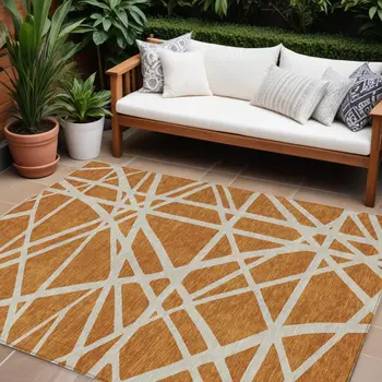 9' X 12' Copper And Beige Geometric Washable Indoor Outdoor Area Rug