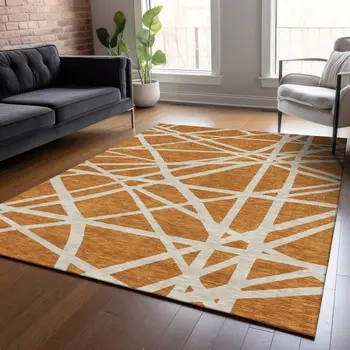 10' X 14' Copper And Beige Geometric Washable Indoor Outdoor Area Rug