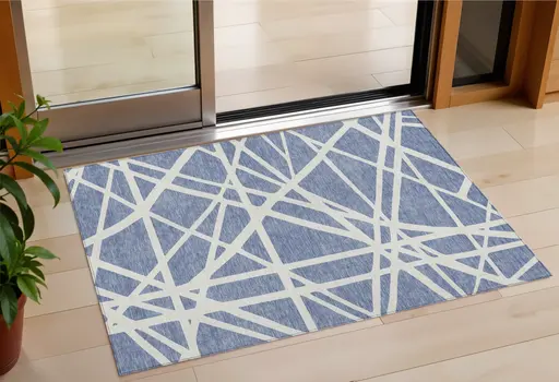 3' X 5' Denim Blue And Ivory Geometric Washable Indoor Outdoor Area Rug