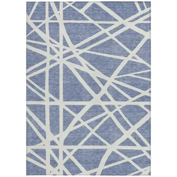 5' X 8' Denim Blue And Ivory Geometric Washable Indoor Outdoor Area Rug