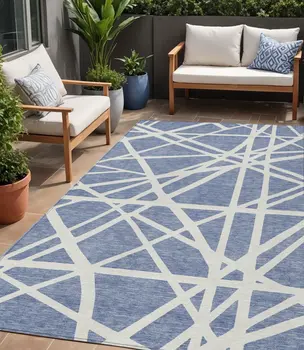 5' X 8' Denim Blue And Ivory Geometric Washable Indoor Outdoor Area Rug