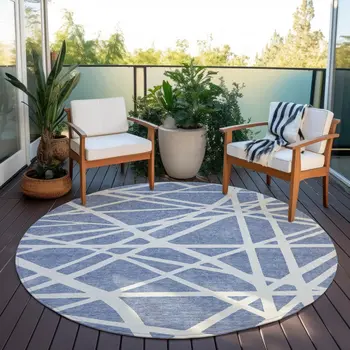 8' Denim Blue And Ivory Round Geometric Washable Indoor Outdoor Area Rug