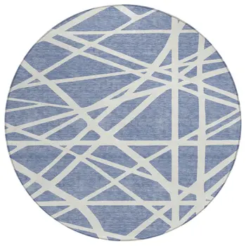 8' Denim Blue And Ivory Round Geometric Washable Indoor Outdoor Area Rug