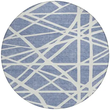 8' Denim Blue And Ivory Round Geometric Washable Indoor Outdoor Area Rug