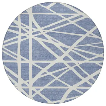 8' Denim Blue And Ivory Round Geometric Washable Indoor Outdoor Area Rug