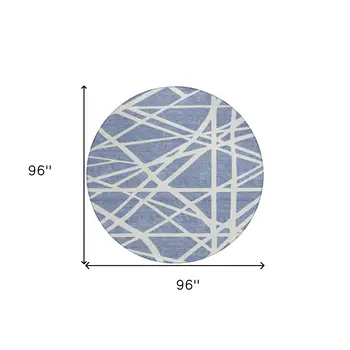 8' Denim Blue And Ivory Round Geometric Washable Indoor Outdoor Area Rug