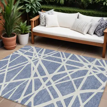 8' X 10' Denim Blue And Ivory Geometric Washable Indoor Outdoor Area Rug