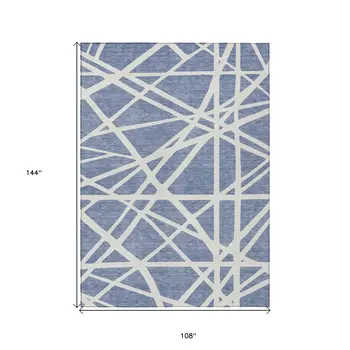 9' X 12' Denim Blue And Ivory Geometric Washable Indoor Outdoor Area Rug