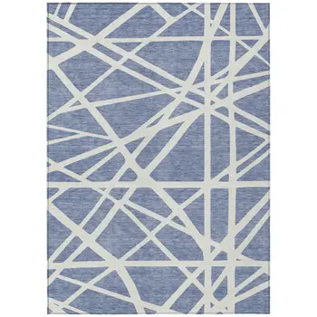 9' X 12' Denim Blue And Ivory Geometric Washable Indoor Outdoor Area Rug