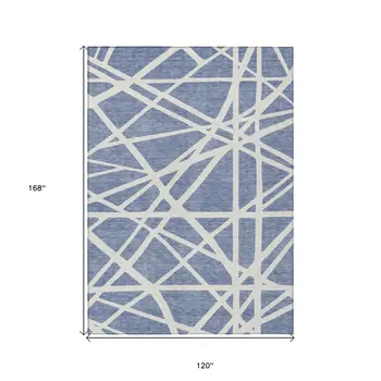 10' X 14' Denim Blue And Ivory Geometric Washable Indoor Outdoor Area Rug