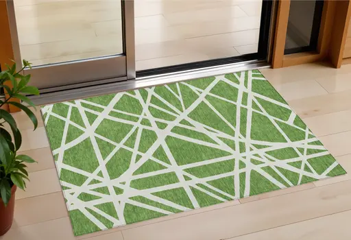3' X 5' Green And Ivory Geometric Washable Indoor Outdoor Area Rug
