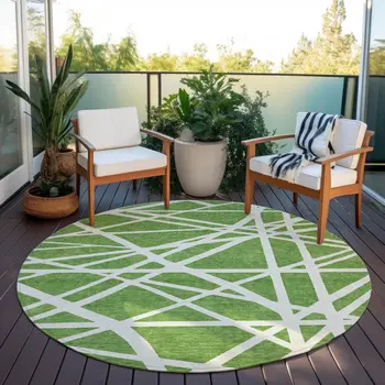 8' Green And Ivory Round Geometric Washable Indoor Outdoor Area Rug