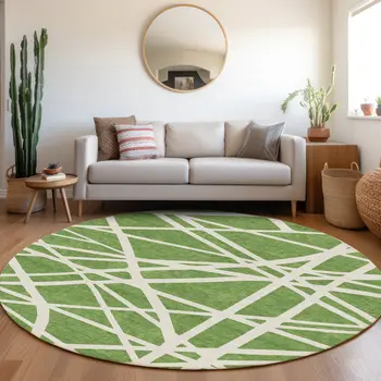 8' Green And Ivory Round Geometric Washable Indoor Outdoor Area Rug