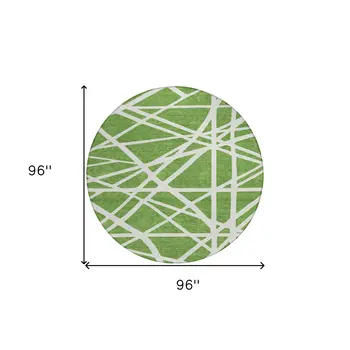 8' Green And Ivory Round Geometric Washable Indoor Outdoor Area Rug