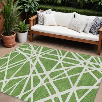 9' X 12' Green And Ivory Geometric Washable Indoor Outdoor Area Rug