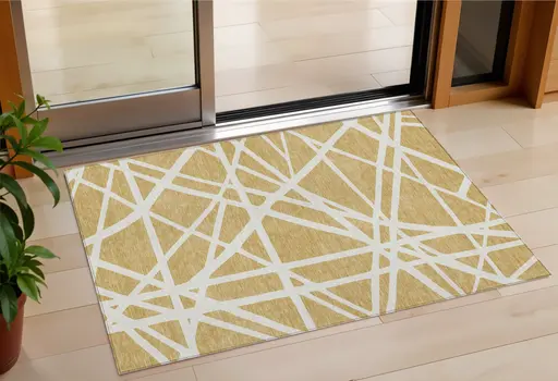 3' X 5' Gold And Ivory Geometric Washable Indoor Outdoor Area Rug