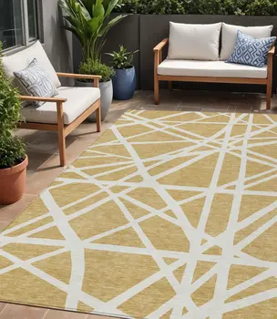 5' X 8' Gold And Ivory Geometric Washable Indoor Outdoor Area Rug