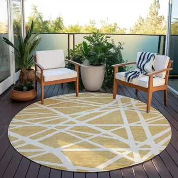 8' Gold And Ivory Round Geometric Washable Indoor Outdoor Area Rug