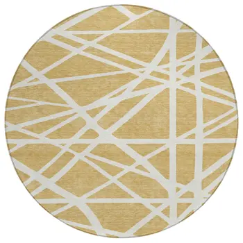 8' Gold And Ivory Round Geometric Washable Indoor Outdoor Area Rug