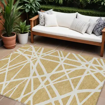 8' X 10' Gold And Ivory Geometric Washable Indoor Outdoor Area Rug