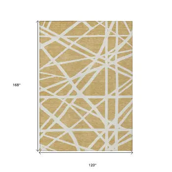 10' X 14' Gold And Ivory Geometric Washable Indoor Outdoor Area Rug