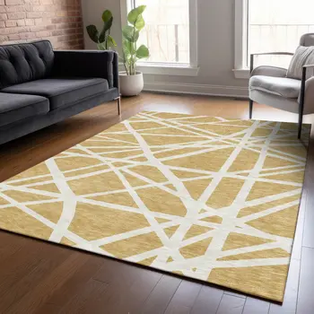 10' X 14' Gold And Ivory Geometric Washable Indoor Outdoor Area Rug