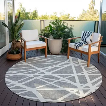8' Gray And Ivory Round Geometric Washable Indoor Outdoor Area Rug