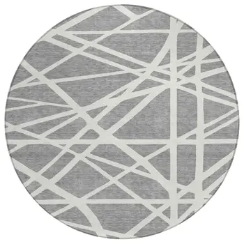 8' Gray And Ivory Round Geometric Washable Indoor Outdoor Area Rug