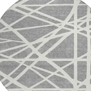 8' Gray And Ivory Round Geometric Washable Indoor Outdoor Area Rug