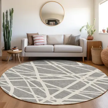 8' Gray And Ivory Round Geometric Washable Indoor Outdoor Area Rug