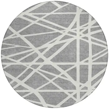 8' Gray And Ivory Round Geometric Washable Indoor Outdoor Area Rug