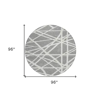 8' Gray And Ivory Round Geometric Washable Indoor Outdoor Area Rug