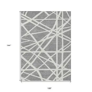 9' X 12' Gray And Ivory Geometric Washable Indoor Outdoor Area Rug