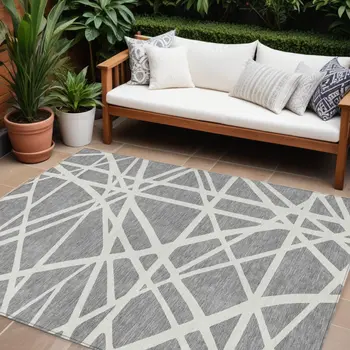 10' X 14' Gray And Ivory Geometric Washable Indoor Outdoor Area Rug