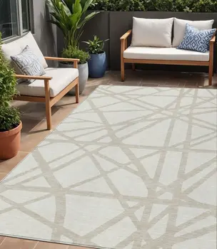 5' X 8' Ivory And Beige Geometric Washable Indoor Outdoor Area Rug