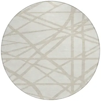 8' Ivory And Beige Round Geometric Washable Indoor Outdoor Area Rug