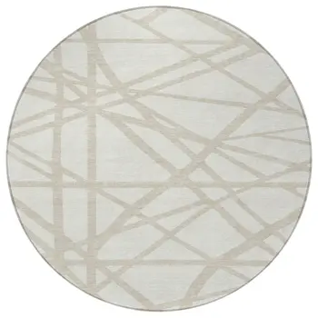 8' Ivory And Beige Round Geometric Washable Indoor Outdoor Area Rug